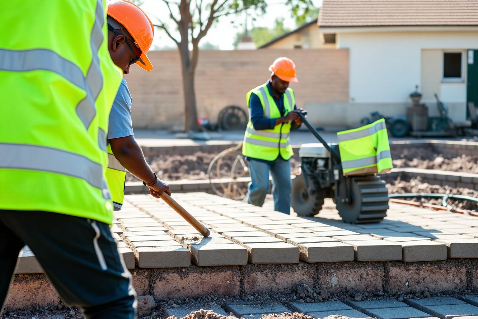 Paving construction team preparing and leveling a site